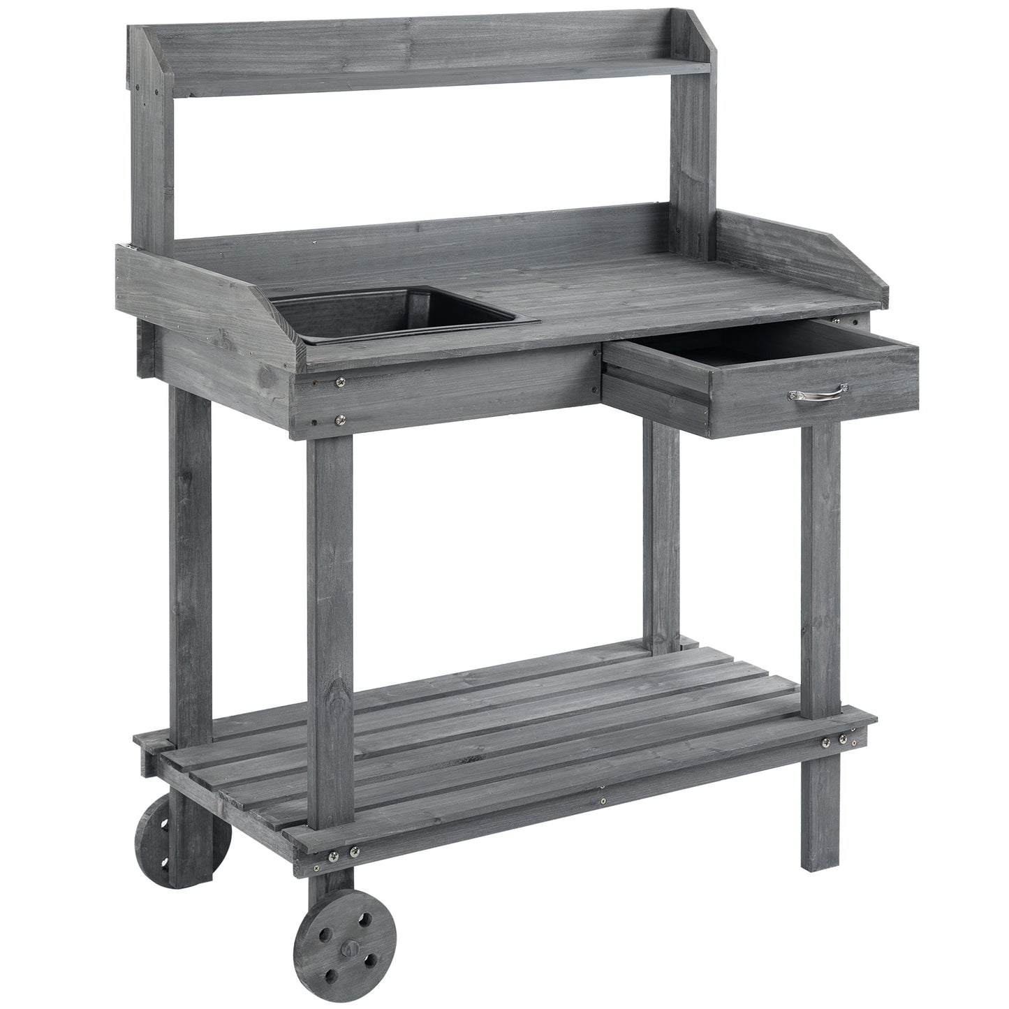 36" Wooden Potting Bench Work Table with 2 Removable Wheels, Sink, Drawer &; Large Storage Spaces, Gray at Gallery Canada