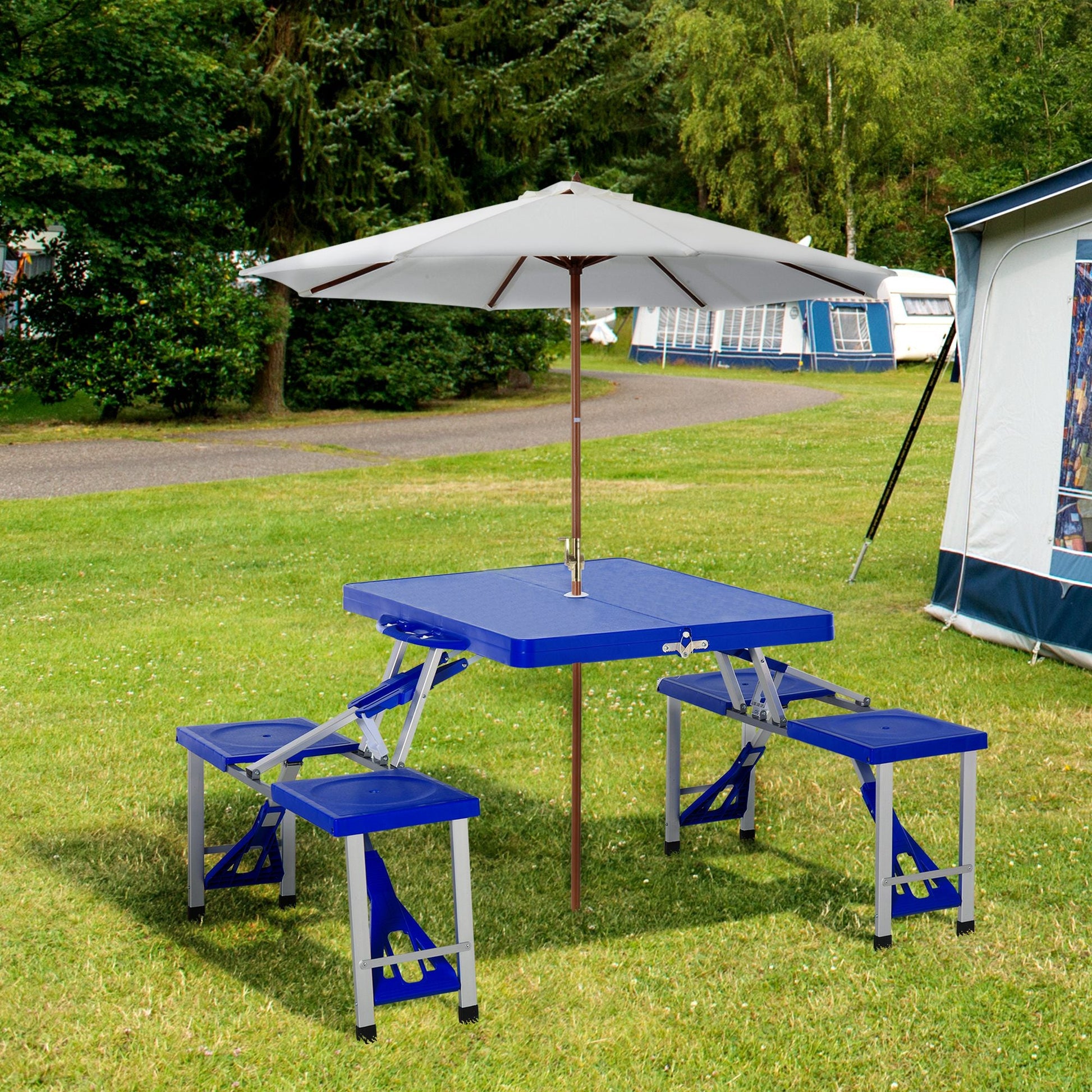 Fold Up Picnic Table Portable Camping Table Foldable Travel Patio, Lawn Garden Table, with 4 Seats Chairs, Umbrella Hole, Aluminum Frame, Blue at Gallery Canada