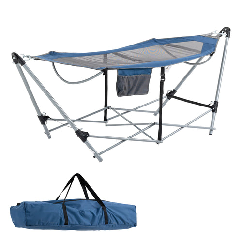 Foldable Outdoor Hammock with Stand, Portable Hammock Bed with Carrying Bag and Pocket for Travel, Beach, Backyard, Patio, Hiking, Dark Blue