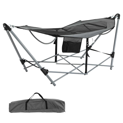 Foldable Outdoor Hammock with Stand, Portable Hammock Bed with Carrying Bag and Pocket for Travel, Beach, Backyard, Patio, Hiking, Dark Grey