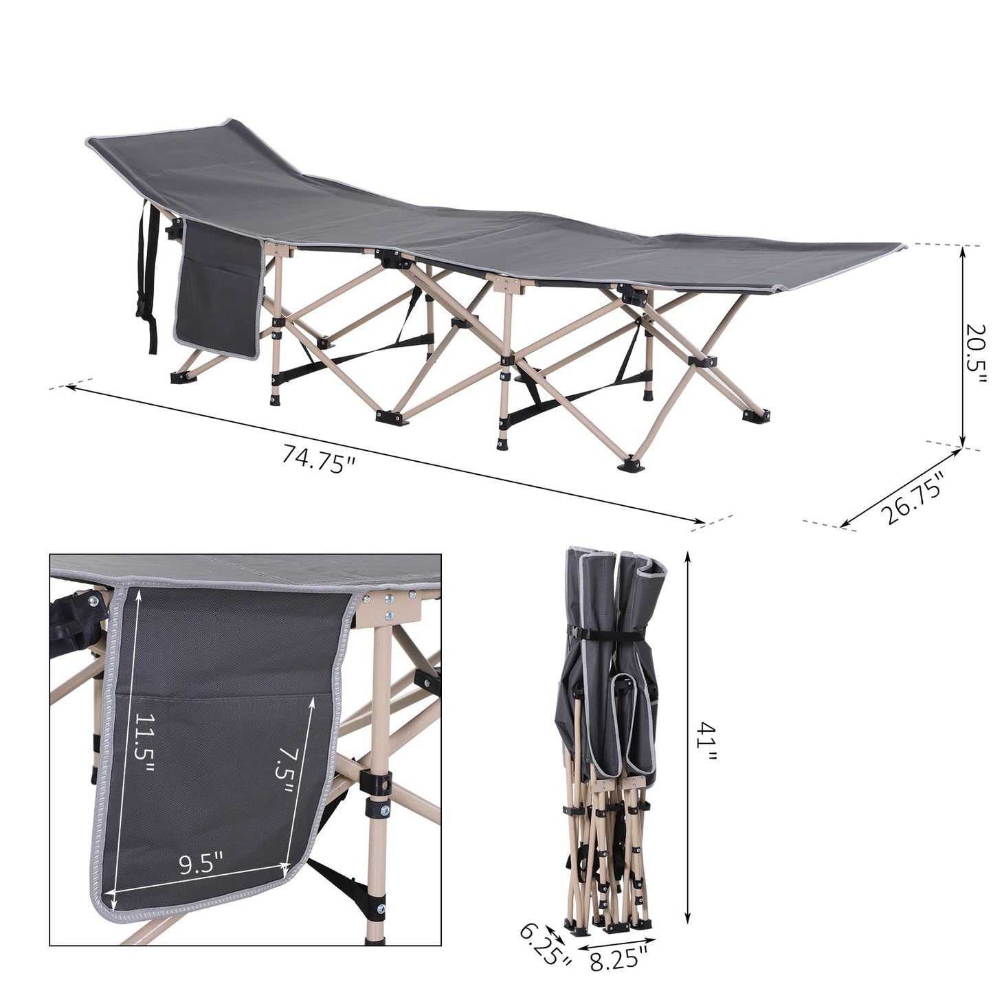 Folding Camping Cot for Adults with Carry Bag, Side Pocket, Outdoor Portable Sleeping Bed for Travel Camp Vocation, Grey at Gallery Canada