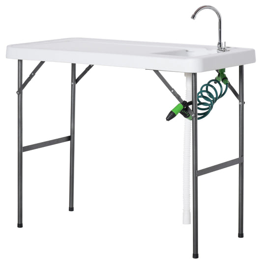 Folding Table Fish Table Cleaning Wash Table with Sink, Faucet and Spray Cleaner for BBQ Camping Picnic Garden 45"x23"x37" White at Gallery Canada