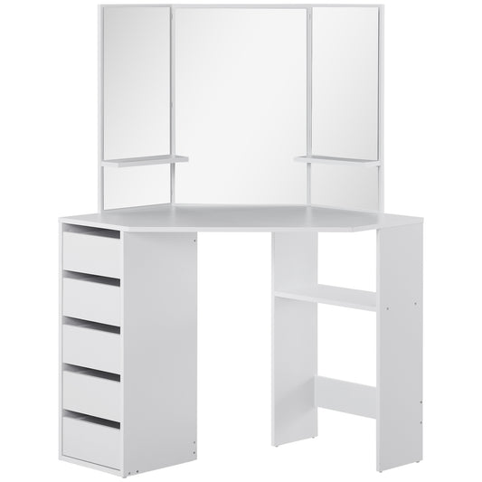 Corner Dressing Table, Makeup Desk with Tri-Fold Mirror and 5 Drawers, White - Gallery Canada