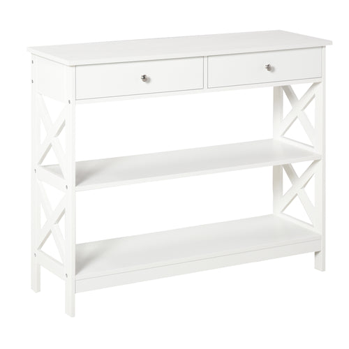 Console Table Sofa Side Desk with Storage Shelves Drawers X Frame for Living Room Entryway White