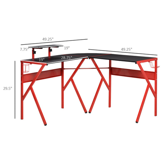 Gaming Desk, L-Shaped Corner Computer Table for Home Office, Workstations with Adjustable Monitor Stand Cup Holder Headphone Hook 49.25" x 49.25" x 29.5" Red at Gallery Canada