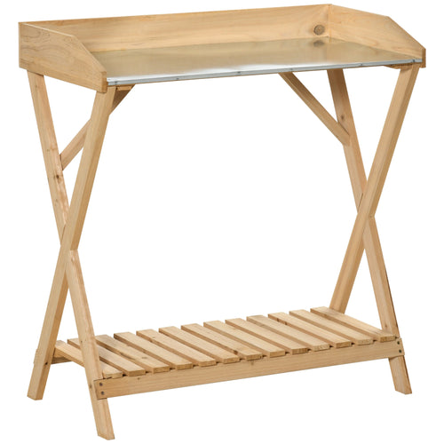 Garden Potting Bench Table, Wooden Work Station, Outdoor Planting Workbench w/ Galvanized Metal Tabletop and Storage Shelf