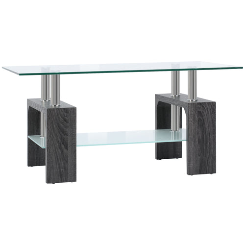 Rectangle Glass Coffee Table, 2-Tier Center Table with Tempered Glass Top and Storage Shelf for Living Room, Grey