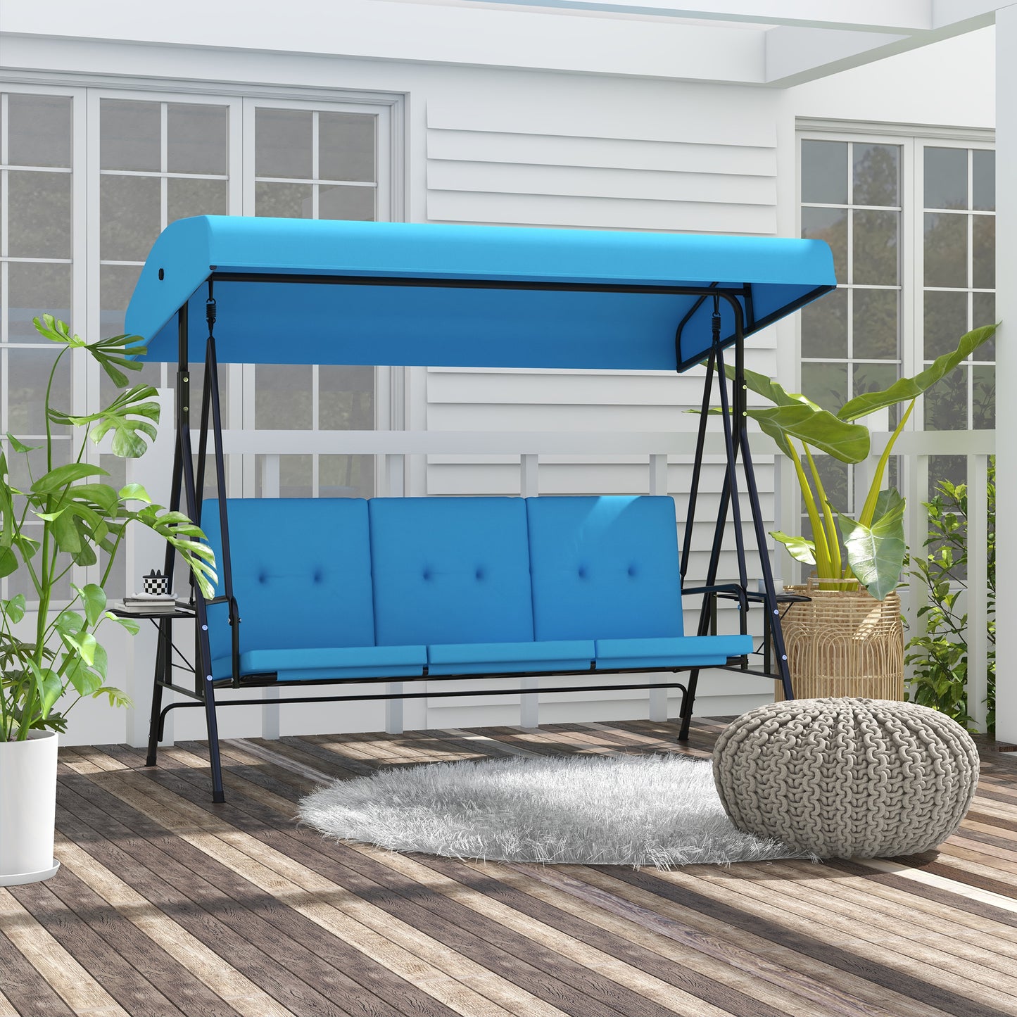 3-Seat Outdoor Porch Swing Patio Swing with Adjustable Canopy, Side Tray, Removable Cushion for Garden, Poolside, Blue at Gallery Canada