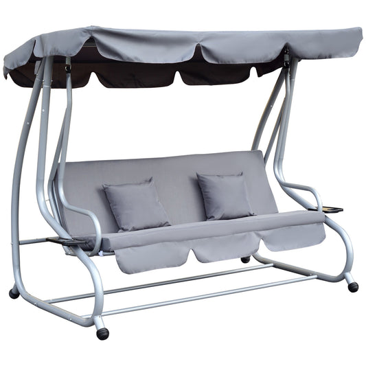 Heavy-Duty 3 Seats Metal Covered Swing Chair Garden Convertible Hammock Cushioned Bed with Frame and Canopy 2 Pillows Included Grey - Gallery Canada