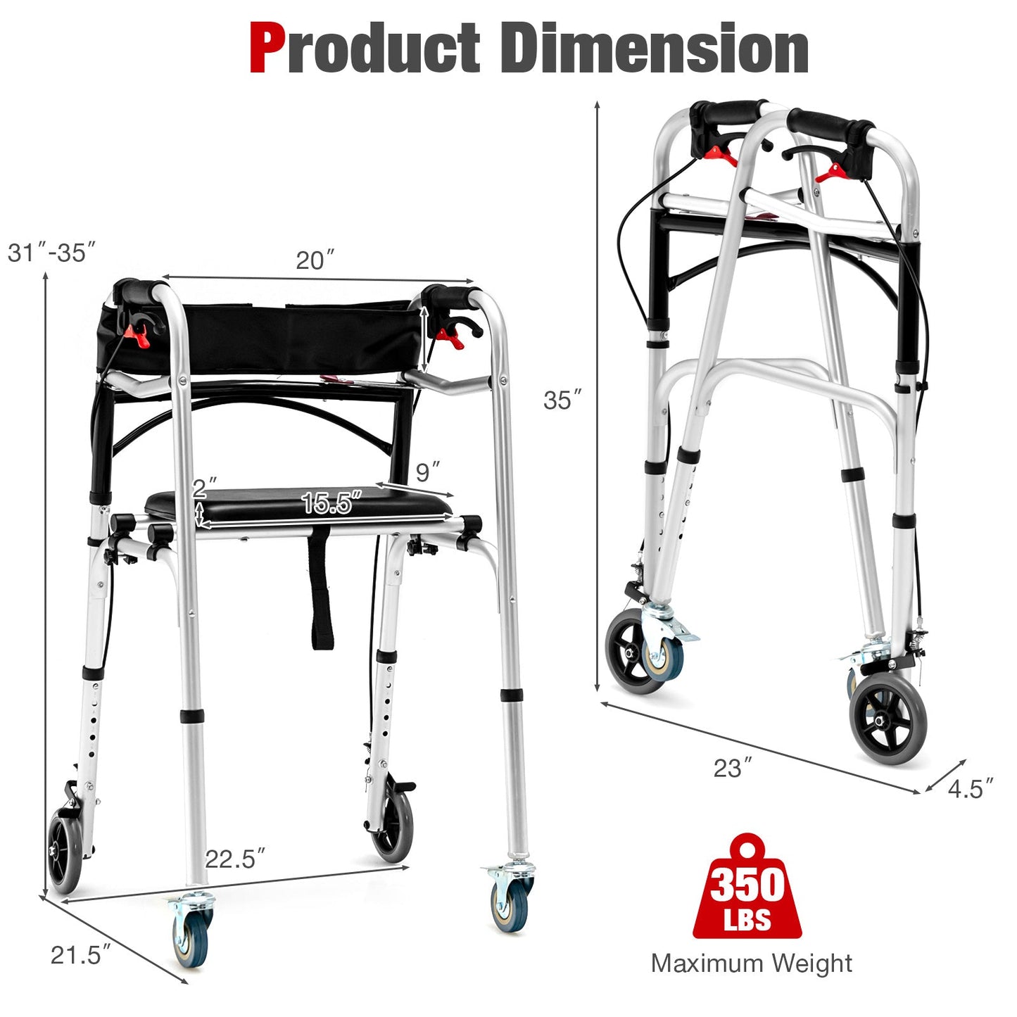 Height Adjustable Aluminum Walker with Rolling Wheels and Brakes at Gallery Canada