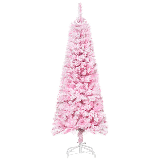 5 FT Snow Flocked Artificial Christmas Tree, Pencil Xmas Tree with Realistic Branches, Auto Open and Steel Base, Pink - Gallery Canada