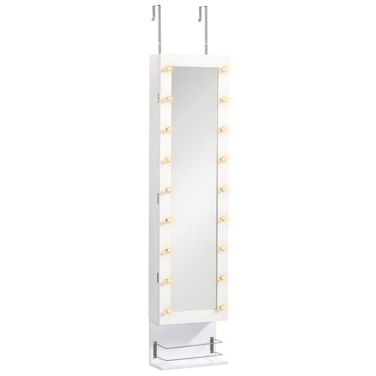 Jewelry Armoire with Mirror, Jewelry Cabinet with 18 LED Lights, Wall-Mounted and Over-The-Door Cabinet with 3 Mountable Heights, Drawer and Open Shelf, White - Gallery Canada