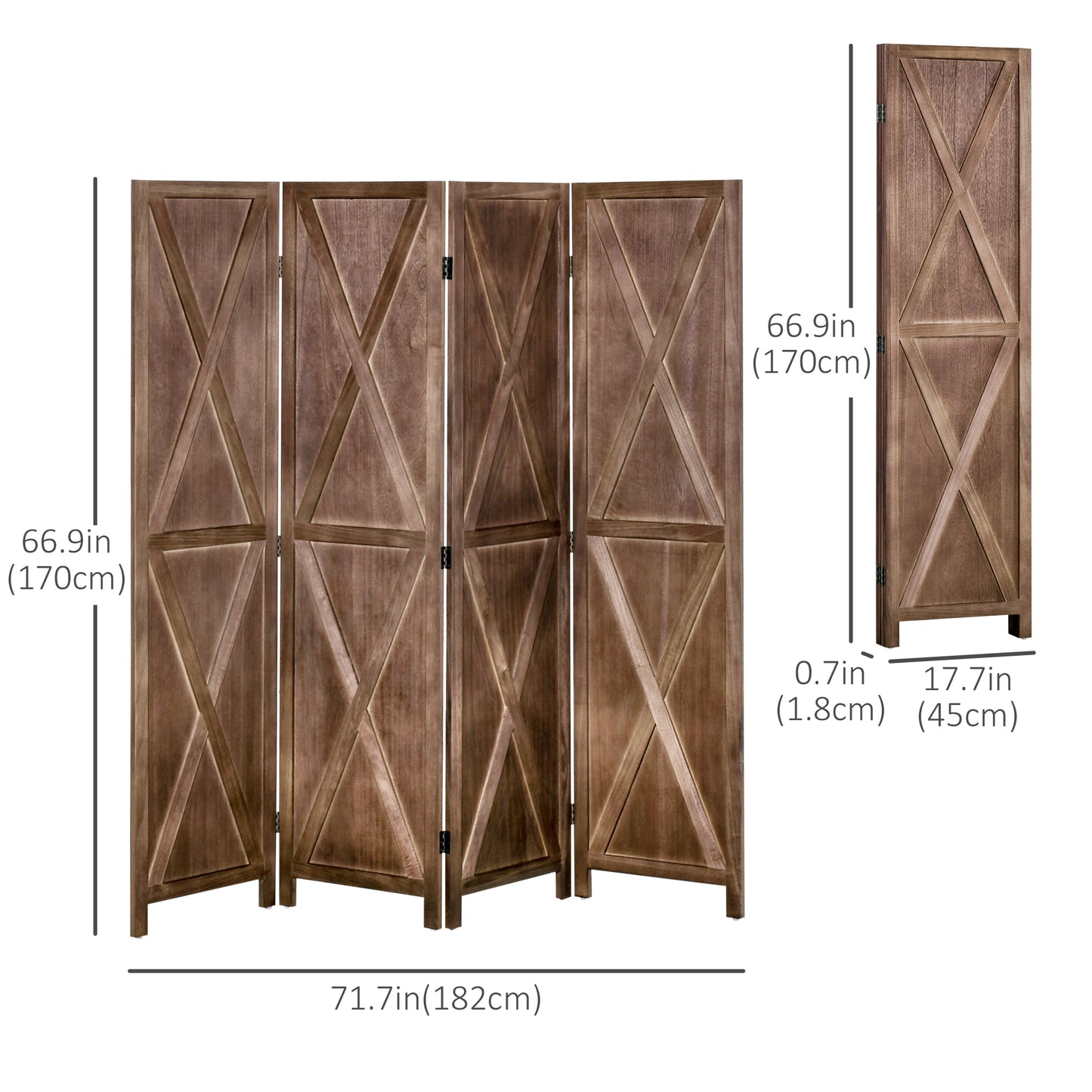 4-panel Wall Partition Farmhouse Room Separator with Foldable Design Wooden Frame 5.6FT, Walnut at Gallery Canada