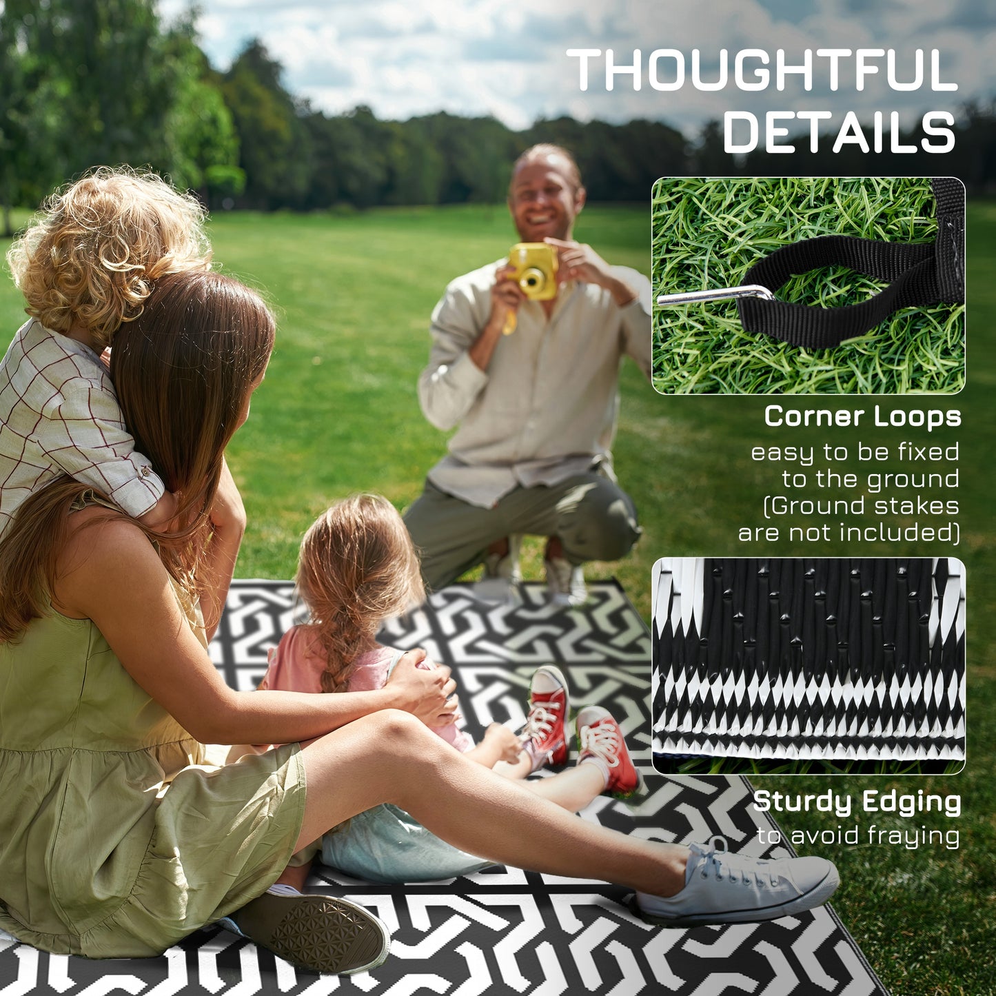 Reversible Outdoor Rug Waterproof Plastic Straw RV Rug with Carry Bag, 9' x 18', Black and White Chain at Gallery Canada