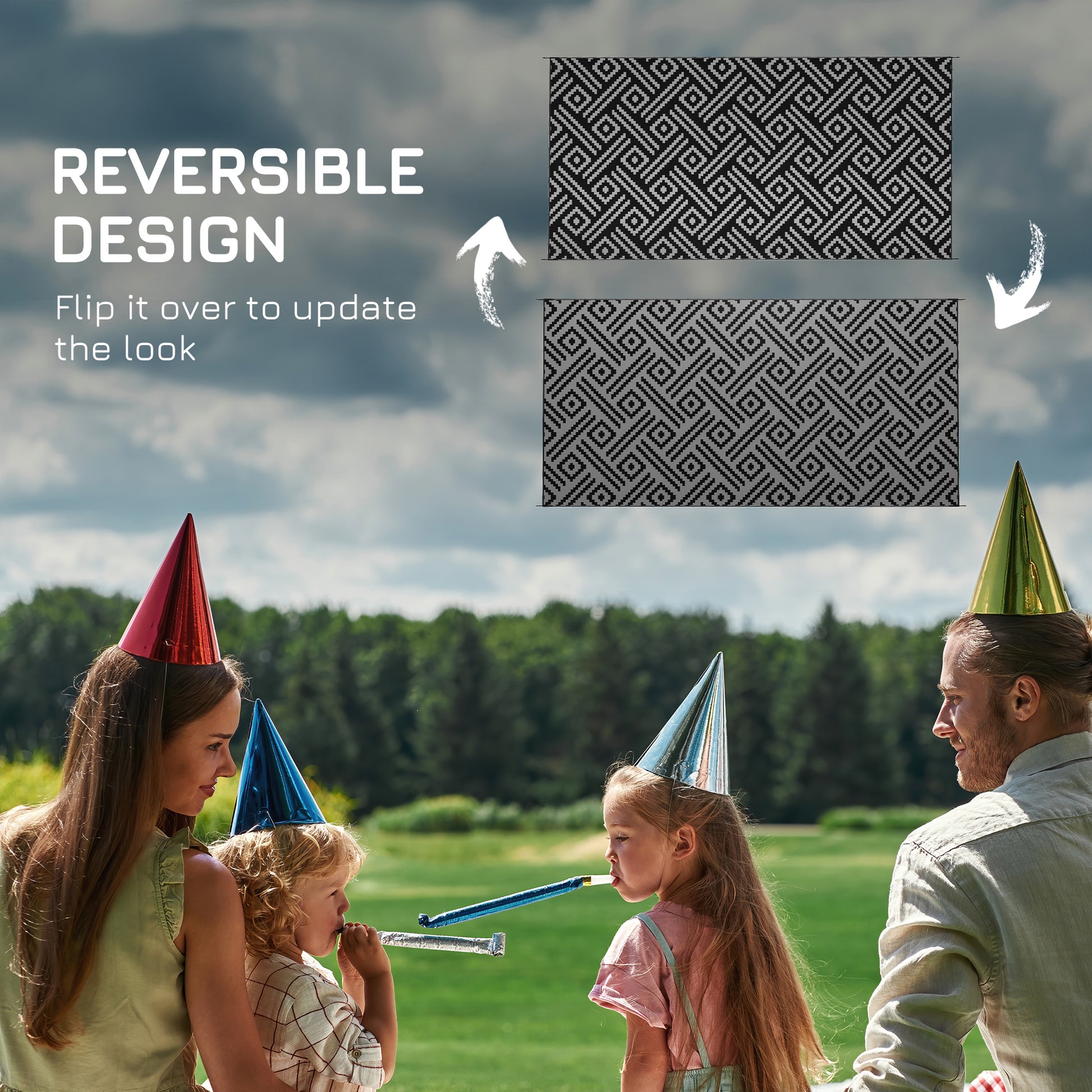 Reversible Outdoor Rug Waterproof Plastic Straw RV Rug with Carry Bag, 9' x 18', Black and Grey Geometric at Gallery Canada