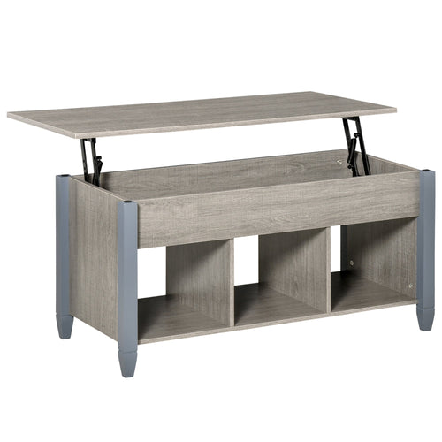 Lift Top Coffee Table with Hidden Storage Compartment and 3 Lower Shelves, Pop-Up Center Table for Living Room, Grey