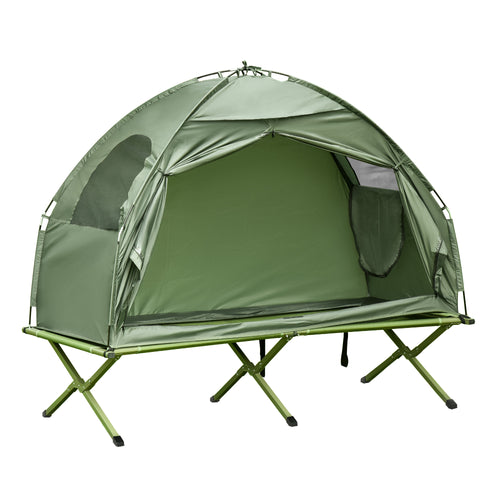 Compact Pop Up Portable Folding Outdoor Elevated Camping Cot Tent Combo Set Dark Green