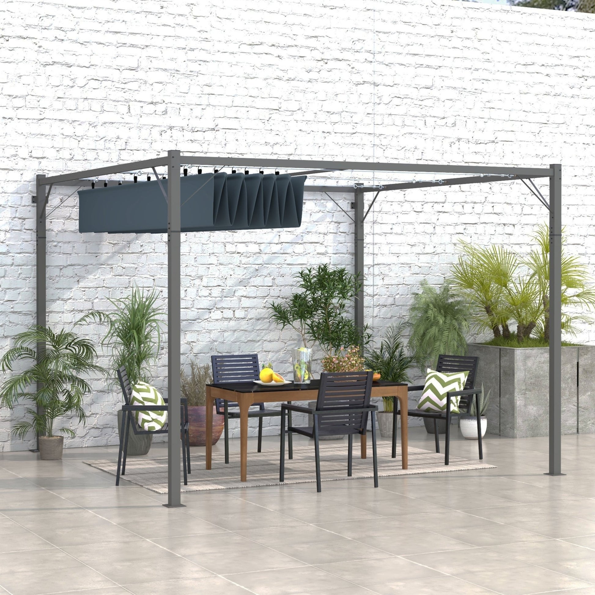 Metal Pergola with Retractable Roof, 10' x 10' Wall Mounted Outdoor Gazebo Sun Shade Shelter at Gallery Canada