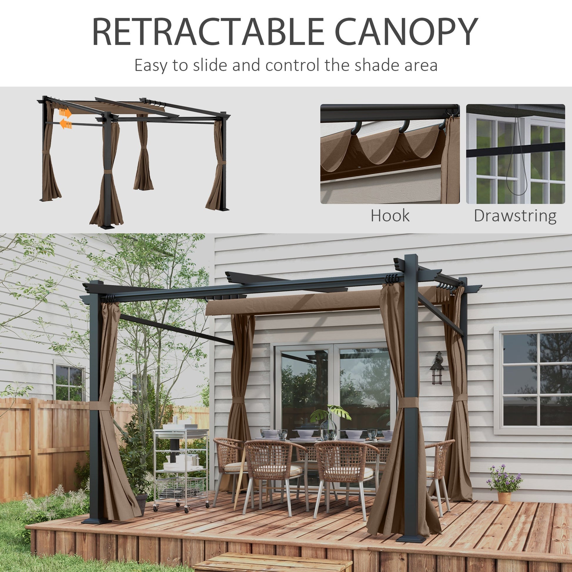 Metal Pergola with Sliding Roof Canopy, Retractable Pergola Canopy, 10' x 10', Coffee at Gallery Canada