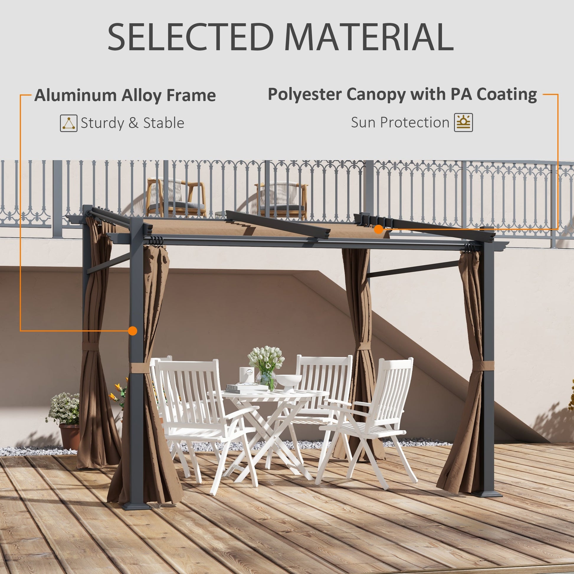 Metal Pergola with Sliding Roof Canopy, Retractable Pergola Canopy, 10' x 10', Coffee at Gallery Canada