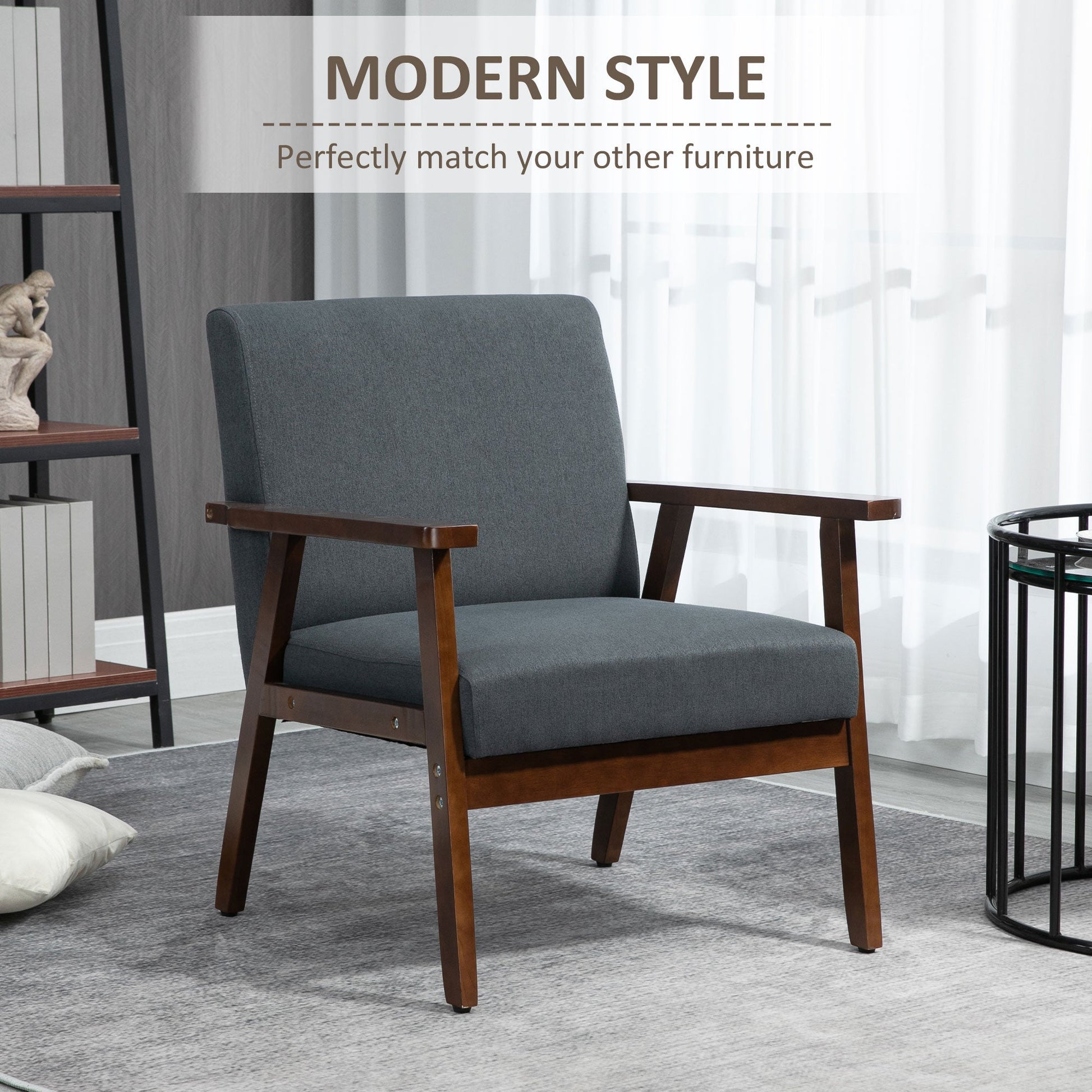 Modern Accent Chairs with Cushioned Seat, Upholstered Linen-Feel Armchair for Bedroom, Living Room, Dark Gray at Gallery Canada
