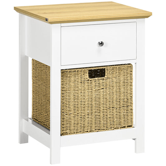 Modern Bedside Table, Side End Table with Drawer and Rattan Basket, 19.3" x 15.4" x 25.2", White and Natural at Gallery Canada