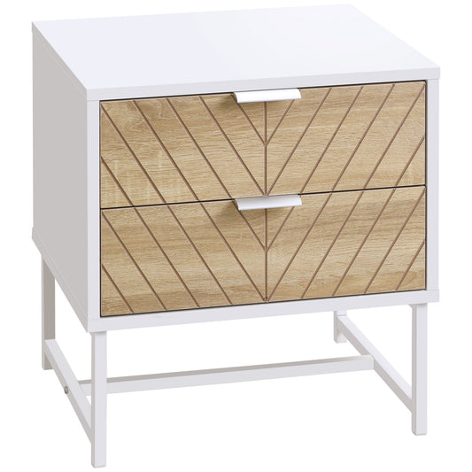 Modern Bedside Table with 2 Drawers and Steel Frame, Sofa Side Table for Bedroom Living Room, White and Oak at Gallery Canada