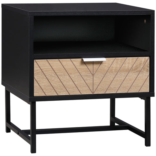 Modern Bedside Table with Drawer, Nightstand with Storage Shelf, Sofa End Table for Bedroom, Black and Oak at Gallery Canada
