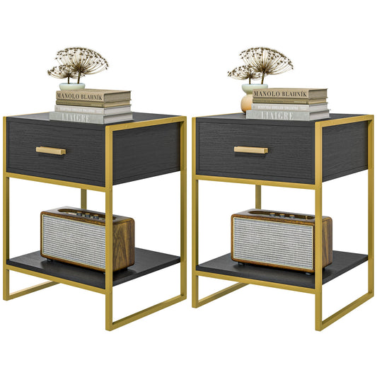 Modern Nightstand Set Of 2, Small Bedside Table with Drawer, Shelf and Steel Frame for Bedroom, Black at Gallery Canada