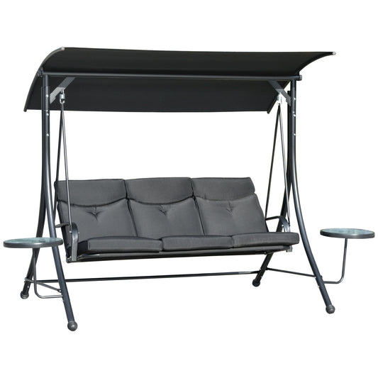 3 Seat Outdoor Swing Chair Steel Swing Bench Porch Swing With Adjustable Canopy &; Coffee Tables &; Cushion for Patio Garden, Black at Gallery Canada