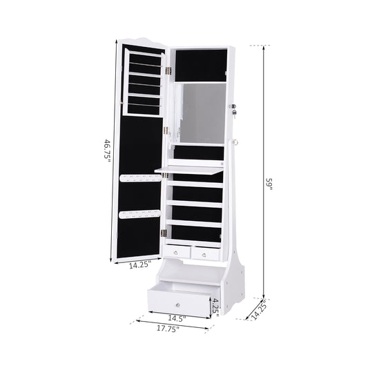 Standing Jewelry Cabinet Organizer Jewelry Armoire with LED Lights, Full Length Mirror, Adjustable Angle, White - Gallery Canada