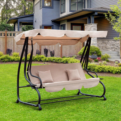 3-Seat Outdoor Patio Swing Chair, Converting Flat Bed, Canopy Swing with Adjustable Shade, Removable Cushions, Cup Holder, Light Brown at Gallery Canada