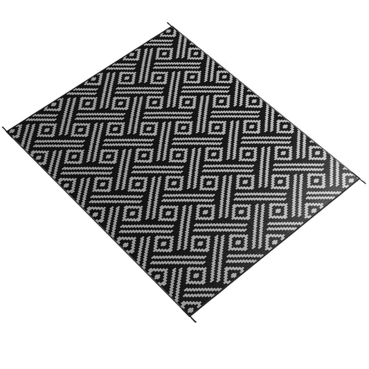 Reversible Outdoor Rug Waterproof Plastic Straw RV Rug with Carry Bag, 9' x 12', Black and Grey Geometric - Gallery Canada