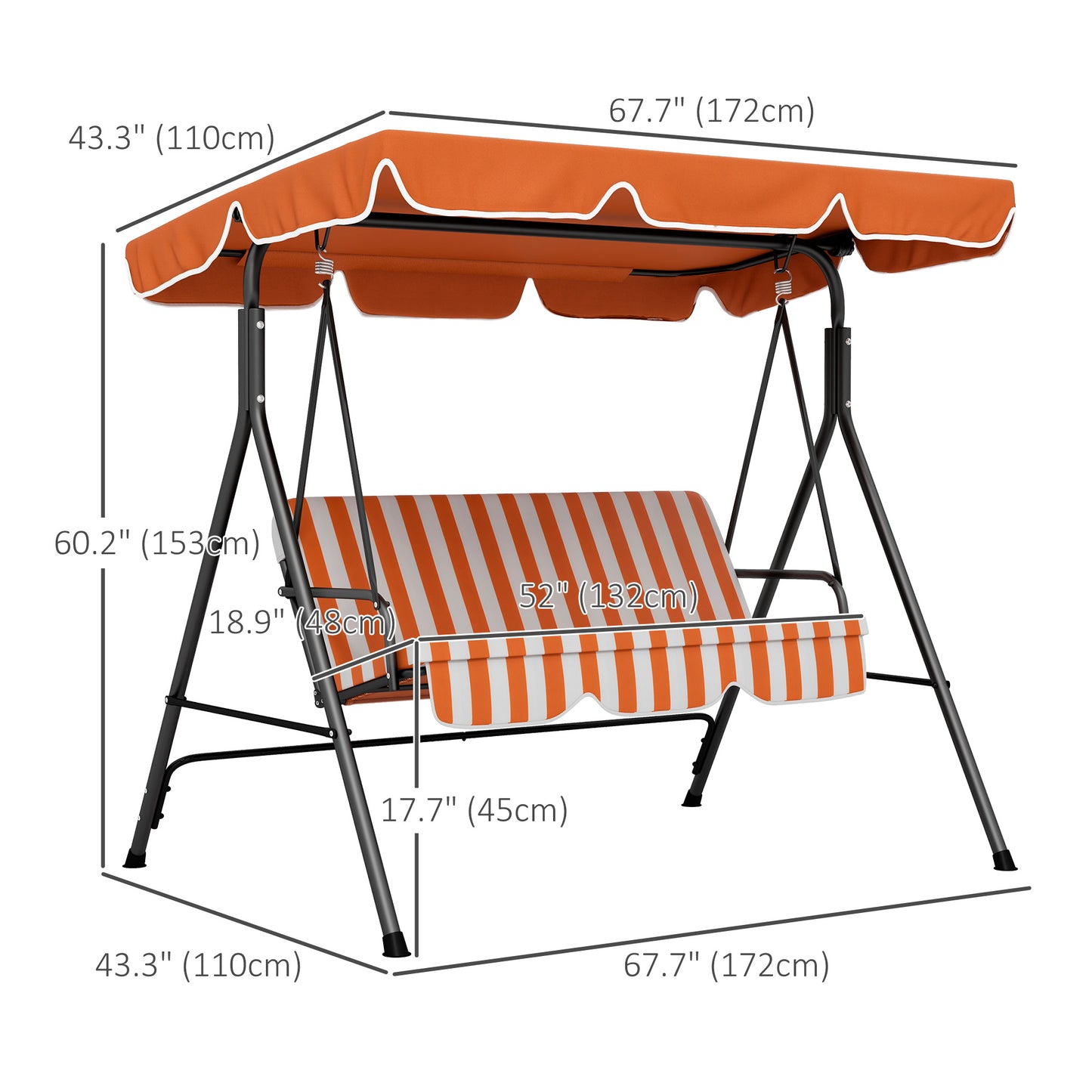 3-Seater Outdoor Porch Swing with Adjustable Canopy, Patio Swing Chair for Garden, Poolside, Backyard, Orange at Gallery Canada
