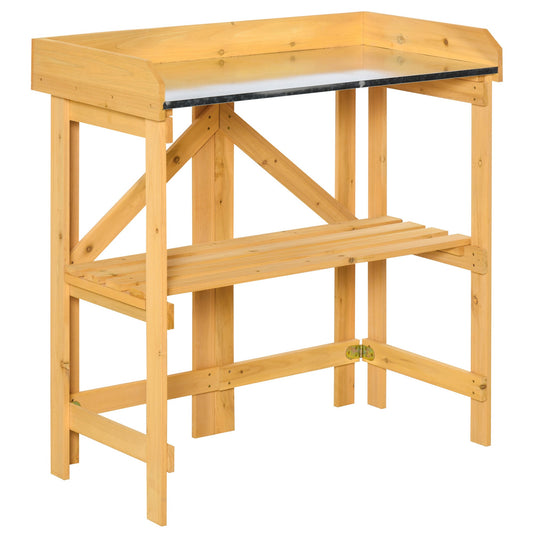 Outdoor Garden Potting Bench Table Foldable Work Bench w/ Open Shelf Metal Tabletop Natural Wood Frame 33.5"x17.25"x35" Yellow - Gallery Canada