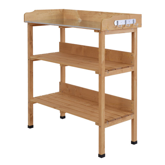 Outdoor Garden Wooden Potting Bench Work Station Table Tool Storage Shelf w/ Hooks, Natural at Gallery Canada