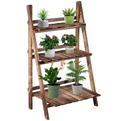 Outdoor Plant Stand, Foldable Flower Stand 3-Tier Wooden Plant Shelf for Garden Indoor Outdoor, 24