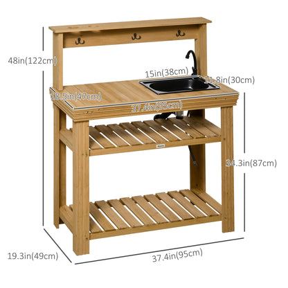 Outdoor Potting Bench Table with Faucet, Removable Sink, Hooks and Storage Shelves, Wood Work Bench Workstation for Greenhouse, Garden, Patio at Gallery Canada