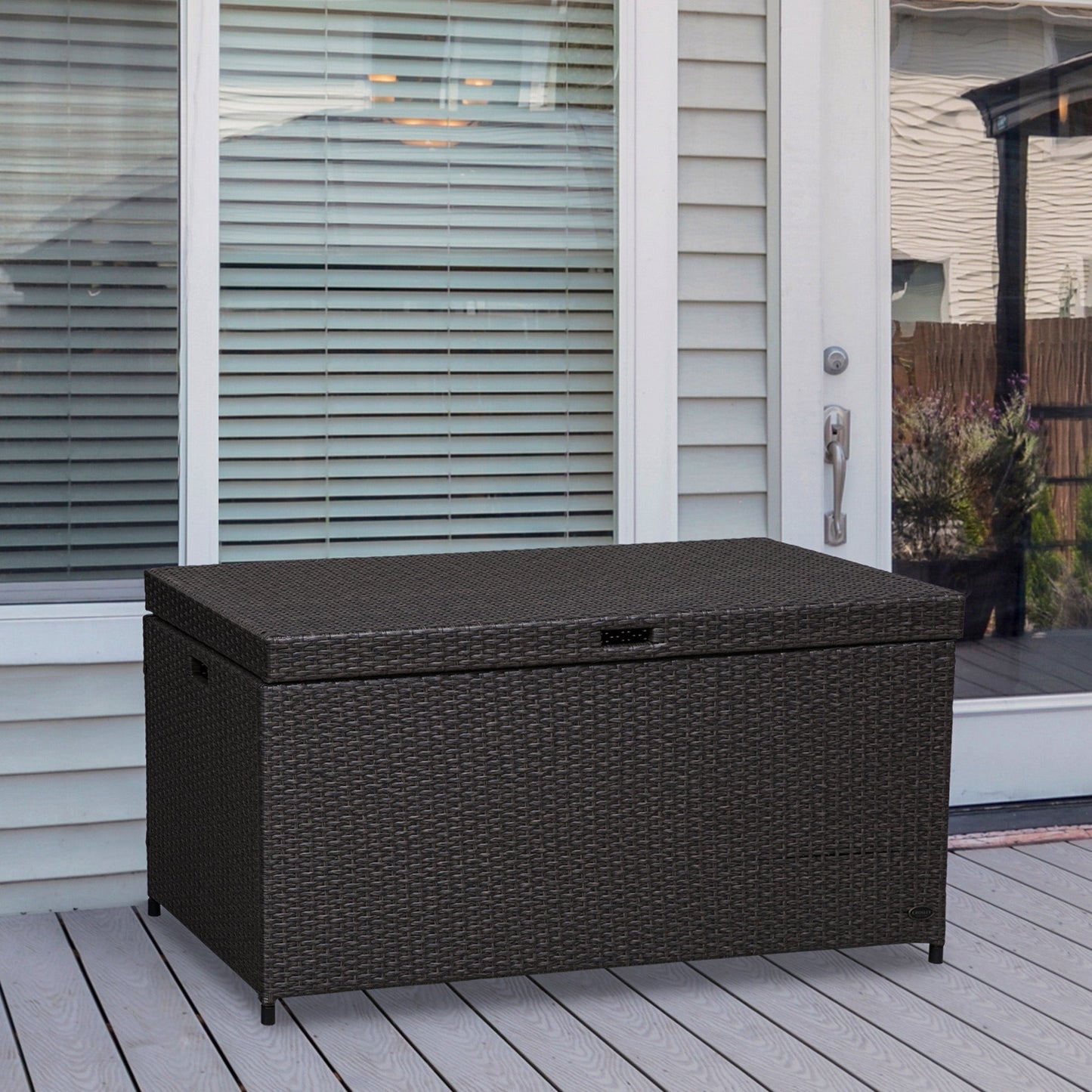 Outdoor Storage Box Wicker Patio Deck Box Bin Rattan Foot Stool w/Steel Frame Large Capacity Rectangle Coffee Table w/Handle at Gallery Canada
