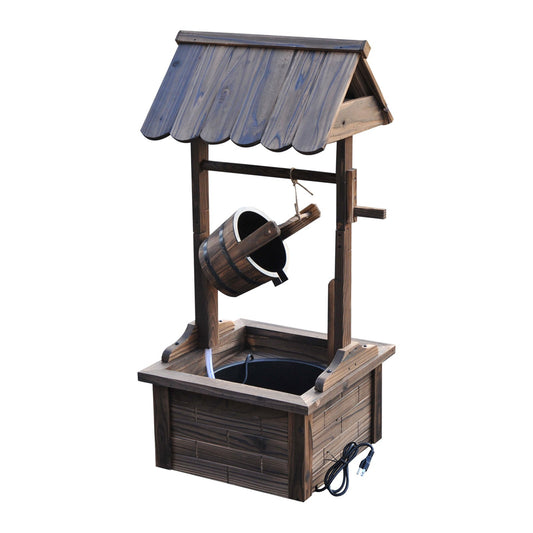 Outdoor Wooden Waterfall Wishing Well Fountain with Electric Pump, Water Bucket, for Patio, Garden, Carbonized - Gallery Canada