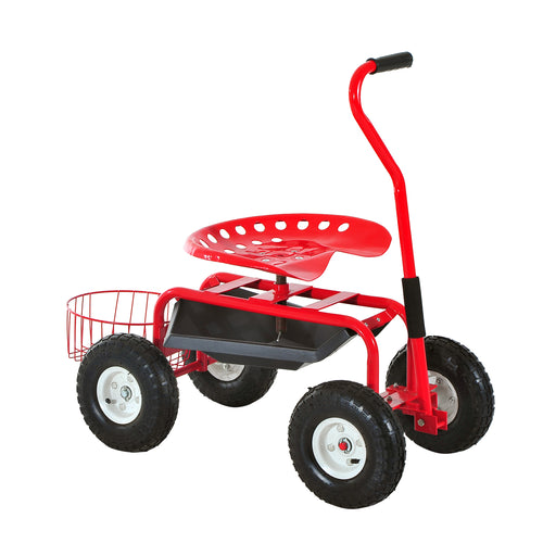 Rolling Garden Cart, Scooter with Swivel and Adjustable Seat, Tool Tray, Bucket Basket, Red and Black