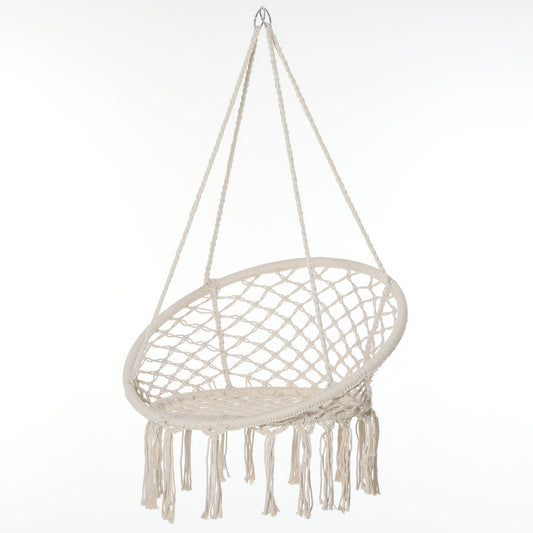 Patio Hammock Chair, Hanging Rope Hammock Swing for Indoor &; Outdoor Use with Backrest, Cotton-Polyester Blend, Fringe Tassels, Cream White - Gallery Canada