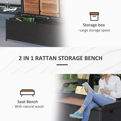 Patio Wicker Storage Bench Box, Outdoor Garden PE Rattan Pool Storage Deck Bin Box w/ Natural Wood Top, Lid, Ideal for Storing Tools, Accessories and Toys, Coffee at Gallery Canada