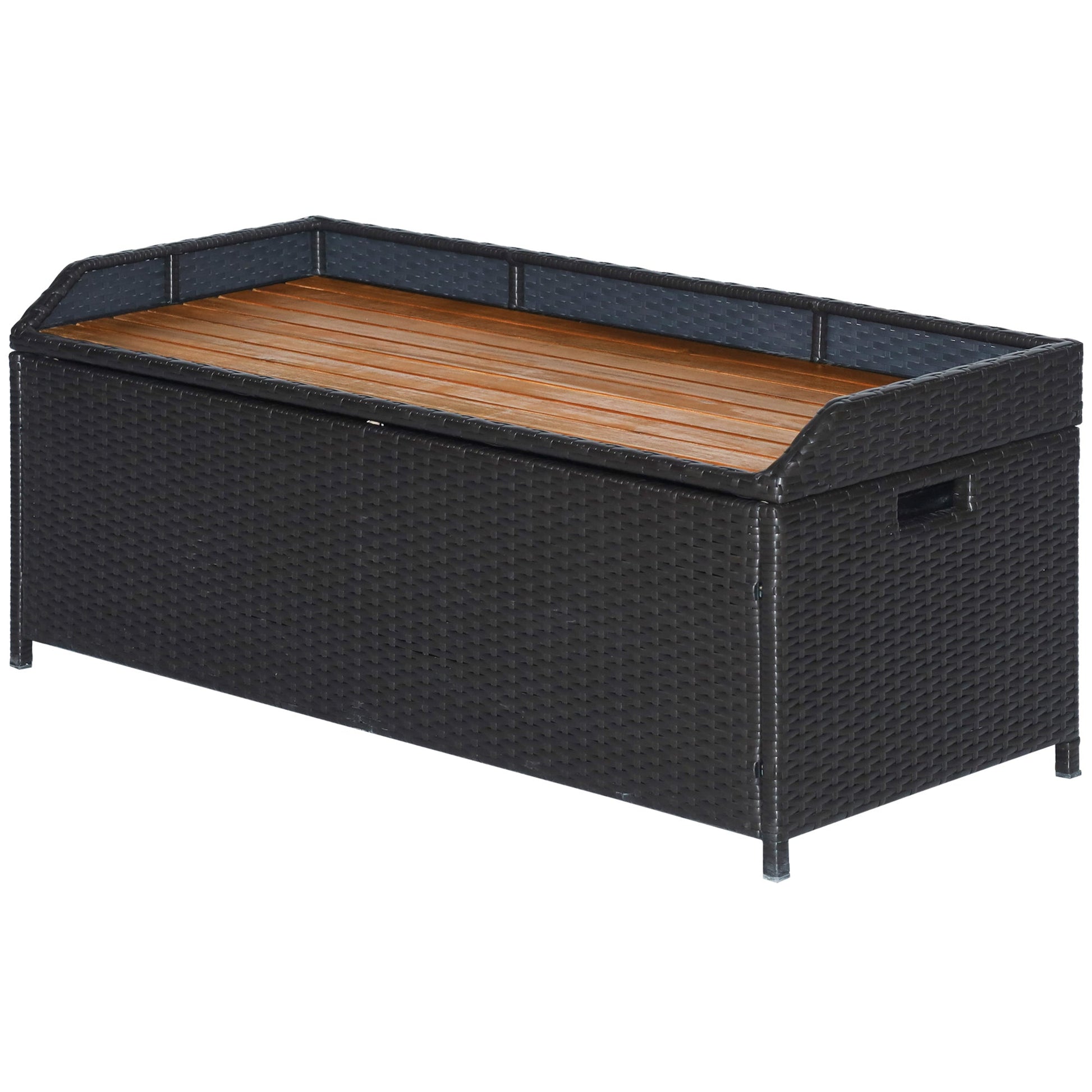 Patio Wicker Storage Bench Box, Outdoor Garden PE Rattan Pool Storage Deck Bin Box w/ Natural Wood Top, Lid, Ideal for Storing Tools, Accessories and Toys, Coffee at Gallery Canada
