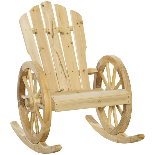 Patio Wooden Adirondack Rocking Chair, Wagon Outdoor Rocker Cahir with Slatted Design and Wheel Armrests for Porch, Poolside, or Garden Lounging, Natural at Gallery Canada
