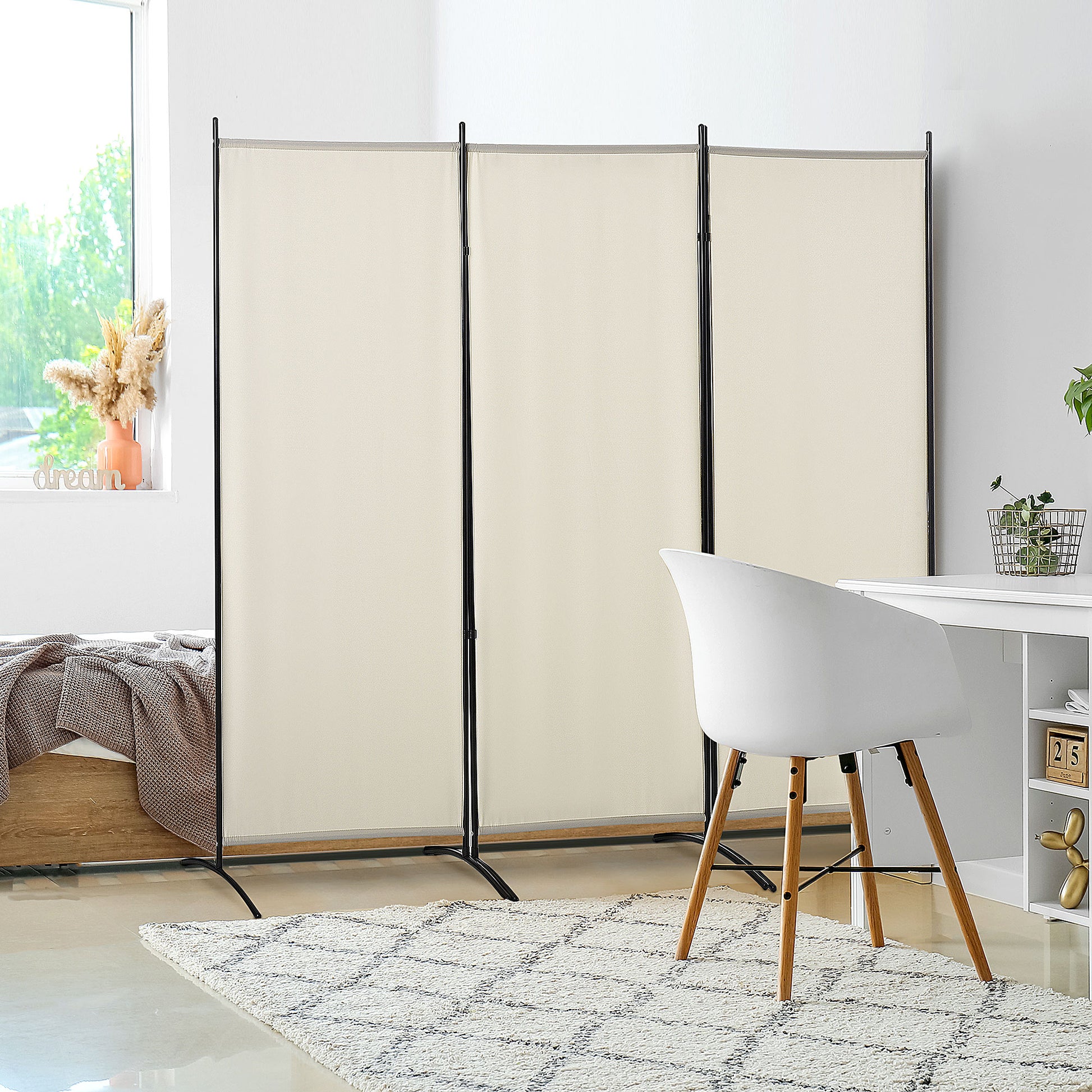 6' 3 Panel Room Divider, Double Hinged Folding Wall Divider, Indoor Privacy Screen for Home Office, Beige at Gallery Canada