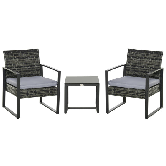 3 Pieces Wicker Bistro Set Rattan Outdoor Furniture Patio Conversation Set Coffee Table Garden Chair with Cushions &; Steel Frame, Grey - Gallery Canada