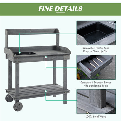 36" Wooden Potting Bench Work Table with 2 Removable Wheels, Sink, Drawer &; Large Storage Spaces, Gray at Gallery Canada