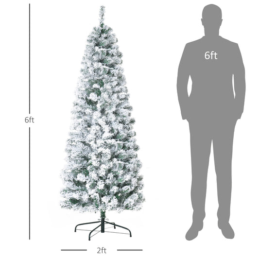 6ft Prelit Artificial Pencil Christmas Tree, Snow Flocked Slim Xmas Tree with Warm White LED Lights - Green at Gallery Canada