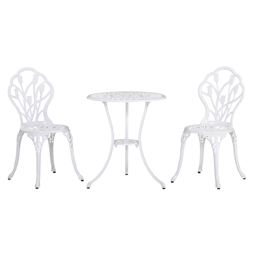 3 Pieces Patio Bistro Set, Outdoor Cast Aluminum Garden Table and Chairs with Umbrella Hole for Balcony, White